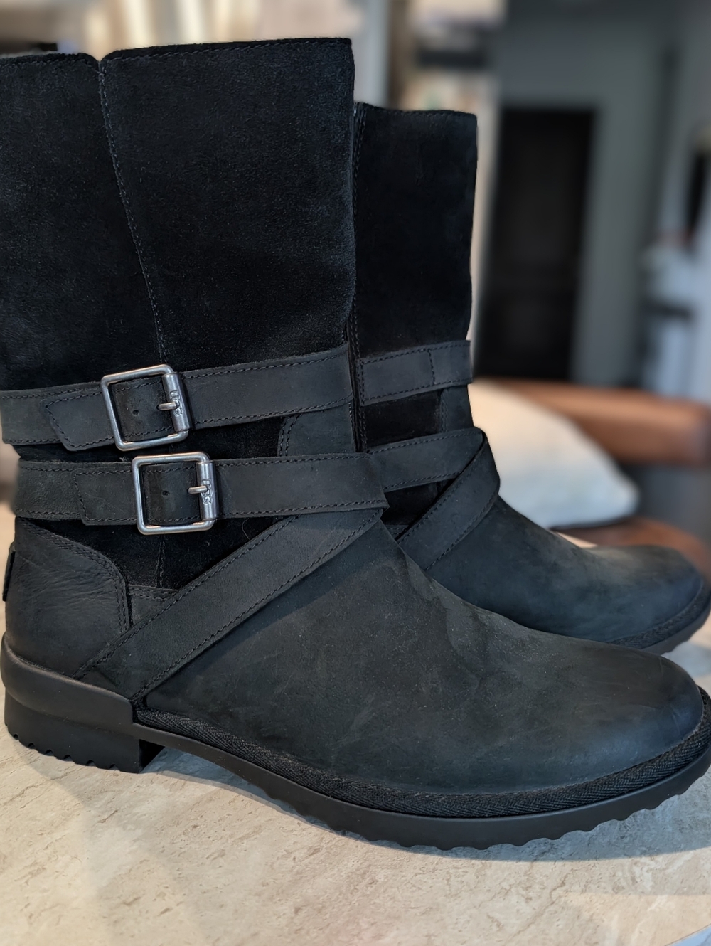 UGG Black Lorna Waterproof Suede Leather Mid-Calf Buckle Boots Size 8 - Picture 2 of 6